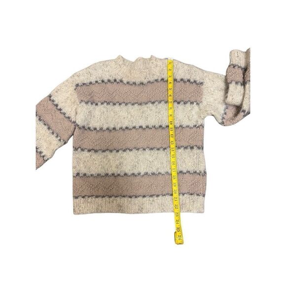 Handmade Women's fuzzy Cream Tan Striped 3/4 Sleeves Pullover Sweater Size Mediu - Picture 4 of 7